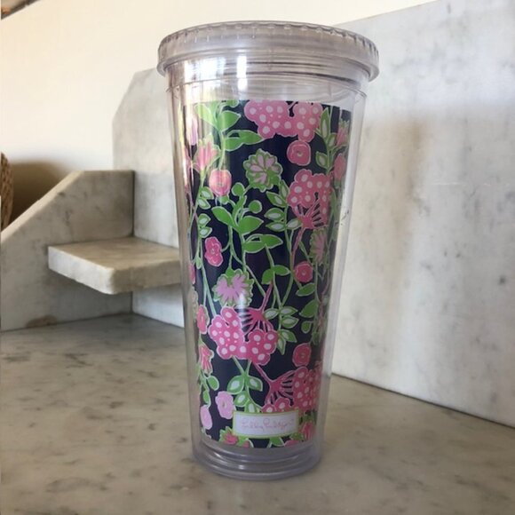 LILLY PULITZER Travel Tumbler with Twist On Lid Navy Pink Green Floral P… - Picture 2 of 12